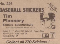 1983 Fleer Star Stickers #226 Tim Flannery Back