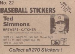 1983 Fleer Star Stickers #22 Ted Simmons Back