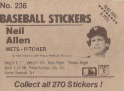1983 Fleer Star Stickers #236 Neil Allen Back