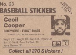 1983 Fleer Star Stickers #23 Cecil Cooper Back