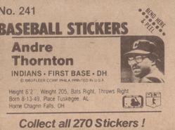 1983 Fleer Star Stickers #241 Andre Thornton Back