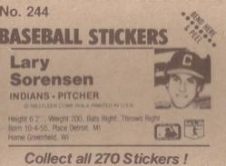 1983 Fleer Star Stickers #244 Lary Sorensen Back