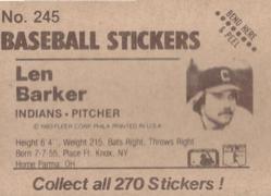 1983 Fleer Star Stickers #245 Len Barker Back
