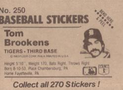 1983 Fleer Star Stickers #250 Tom Brookens Back