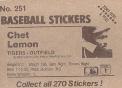 1983 Fleer Star Stickers #251 Chet Lemon Back