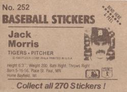 1983 Fleer Star Stickers #252 Jack Morris Back