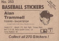1983 Fleer Star Stickers #253 Alan Trammell Back