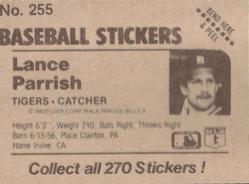1983 Fleer Star Stickers #255 Lance Parrish Back