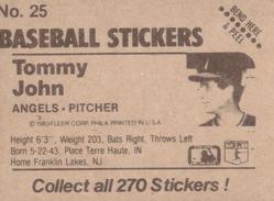 1983 Fleer Star Stickers #25 Tommy John Back