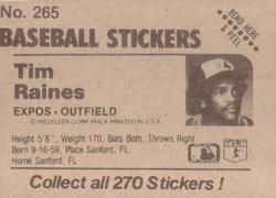 1983 Fleer Star Stickers #265 Tim Raines Back