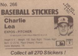 1983 Fleer Star Stickers #266 Charlie Lea Back