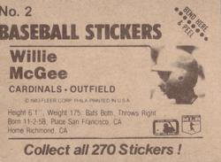 1983 Fleer Star Stickers #2 Willie McGee Back