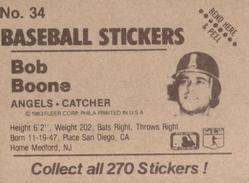 1983 Fleer Star Stickers #34 Bob Boone Back