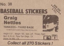 1983 Fleer Star Stickers #38 Graig Nettles Back