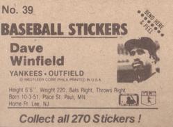1983 Fleer Star Stickers #39 Dave Winfield Back