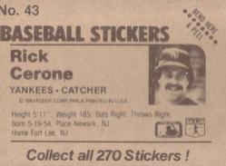 1983 Fleer Star Stickers #43 Rick Cerone Back