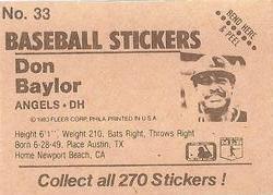 1983 Fleer Star Stickers #33 Don Baylor Back