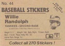 1983 Fleer Star Stickers #44 Willie Randolph Back