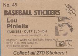 1983 Fleer Star Stickers #45 Lou Piniella Back