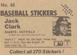 1983 Fleer Star Stickers #48 Jack Clark Back