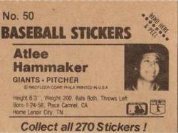 1983 Fleer Star Stickers #50 Atlee Hammaker Back
