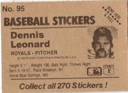 1983 Fleer Star Stickers #95 Dennis Leonard Back