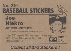 1983 Fleer Star Stickers #210 Joe Niekro Back