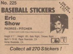 1983 Fleer Star Stickers #225 Eric Show Back