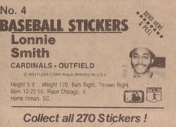 1983 Fleer Star Stickers #4 Lonnie Smith Back