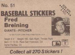 1983 Fleer Star Stickers #51 Fred Breining Back