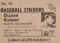 1983 Fleer Star Stickers #58 Duane Kuiper Back
