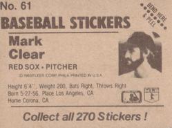 1983 Fleer Star Stickers #61 Mark Clear Back