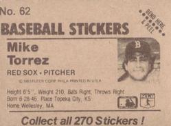 1983 Fleer Star Stickers #62 Mike Torrez Back
