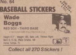 1983 Fleer Star Stickers #64 Wade Boggs Back