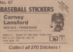 1983 Fleer Star Stickers #67 Carney Lansford Back