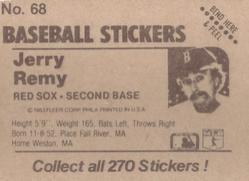 1983 Fleer Star Stickers #68 Jerry Remy Back