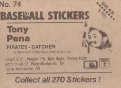 1983 Fleer Star Stickers #74 Tony Pena Back