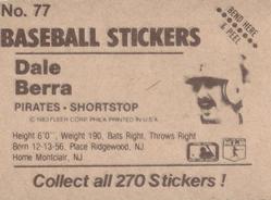 1983 Fleer Star Stickers #77 Dale Berra Back