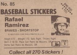 1983 Fleer Star Stickers #85 Rafael Ramirez Back