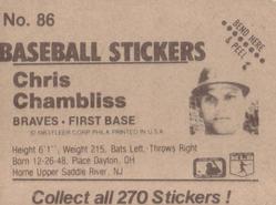 1983 Fleer Star Stickers #86 Chris Chambliss Back