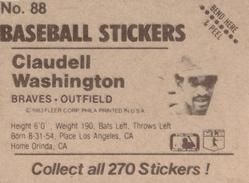 1983 Fleer Star Stickers #88 Claudell Washington Back
