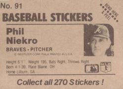 1983 Fleer Star Stickers #91 Phil Niekro Back
