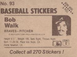 1983 Fleer Star Stickers #93 Bob Walk Back