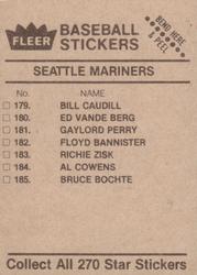 1983 Fleer Star Stickers #NNO Seattle Mariners Checklist Back