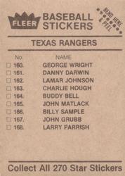 1983 Fleer Star Stickers #NNO Texas Rangers Checklist Back