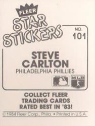 1984 Fleer Star Stickers #101 Steve Carlton Back
