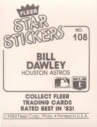 1984 Fleer Star Stickers #108 Bill Dawley Back