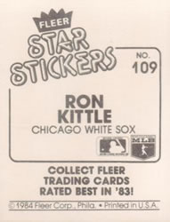 1984 Fleer Star Stickers #109 Ron Kittle Back