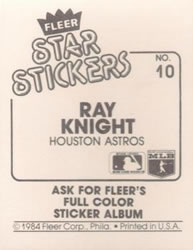 1984 Fleer Star Stickers #10 Ray Knight Back