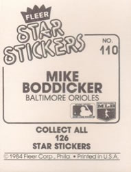 1984 Fleer Star Stickers #110 Mike Boddicker Back